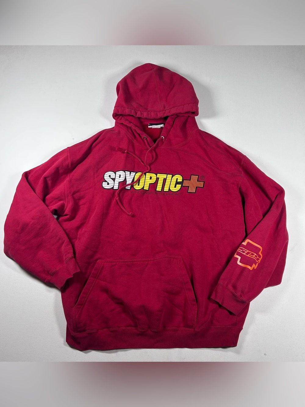 VTG 90s Spy Optics Hoodie Mens L Red Faded Distressed “Windows For Your Head”